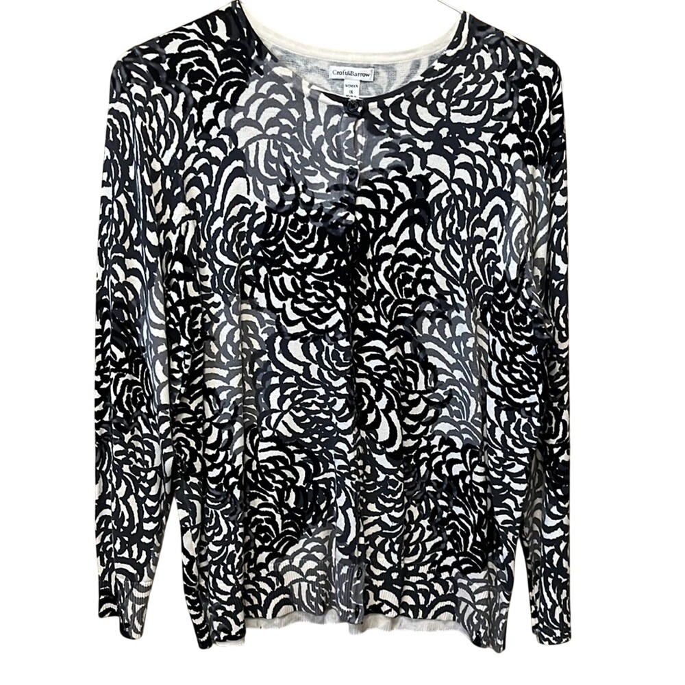 Croft & Barrow Womens 1X Black White Abstract Floral Cotton Cardigan CM32230C